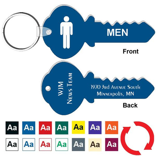 Custom Back 4 Inch Key Shape Men’s Restroom Keytag. Heavy duty plastic blue with white lettering. Pic with nickel plated split key ring and plastic fold over tab connector. Front back and color options.