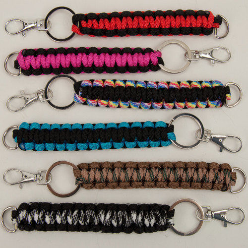 Paracord with Clip and D ring 7.5 Inch. Picture of all six patterns lying flat