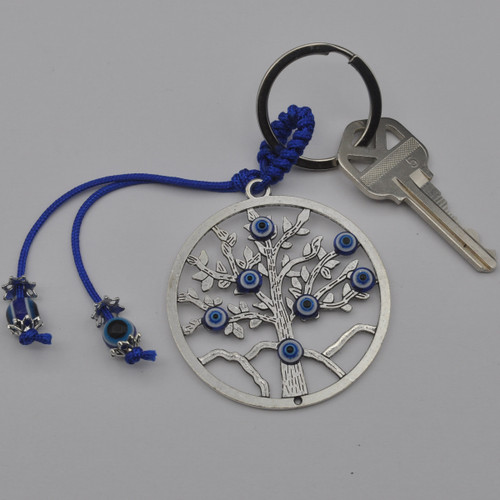 Blue Evil Eye Wisdom Tree Keychain with Blue Jewels with key