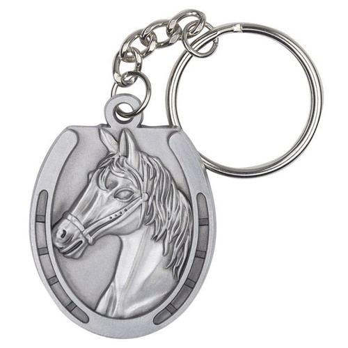 Pewter Horse Head and Horseshoe Keyring with Chain