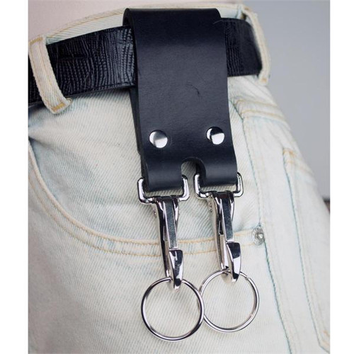 Double Black Leather Belt Strap Key Holder Super Duty with chrome hardware - Riveted on belt