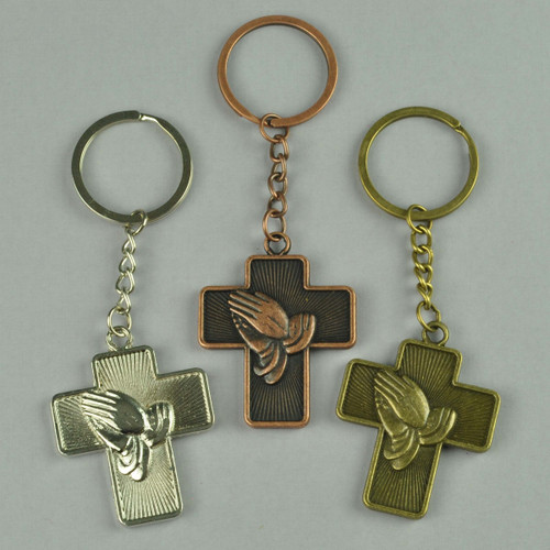 Praying Hands Metal Cross Keychain