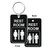 Double Sided Restroom / Bathroom Key Tag - Engraved Mini 1-3/4 Inch x 3 Inch. Heavy duty plastic black with white lettering. Nickle plated split ring with a fold over tab connector.