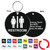 Custom Back 3 Inch Round Restroom Keytag. Heavy duty plastic black with white lettering. Pic with nickel plated split key ring and plastic fold over tab connector. Front back and color options.