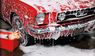 Mustang car with car wash bucket