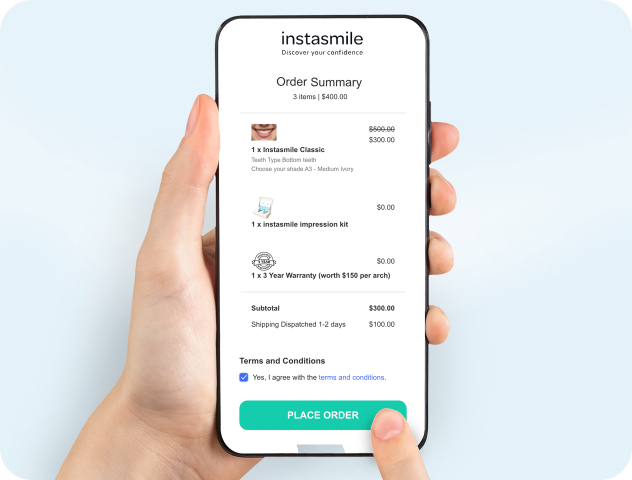 Phone showing ordering veneers on Instasmile site