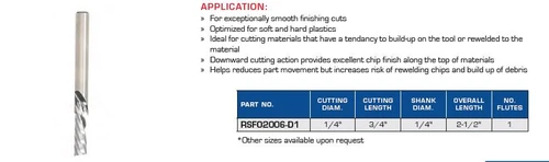 PRECISION CNC TOOLING FS HIGH POLISH O FLUTE ROUTER BITS DOWNCUT ONE TOOTH RSF02006-D1