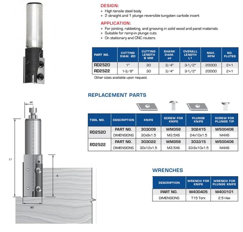 PRECISION CNC TOOLING FS INSERT ROUTER BITS PLUNGING SIZING, RD2520, RD2522