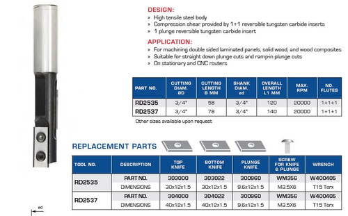 PRECISION CNC TOOLING FS INSERT ROUTER BITS PLUNGING SIZING COMPRESSION SHEAR, RD2535, RD2537