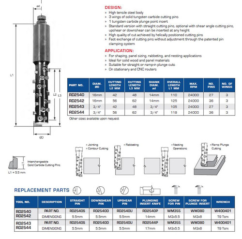 PRECISION CNC TOOLING FS INSERT ROUTER BITS ROUGHING SIZING,RD2540,RD2542,RD2543,RD2544