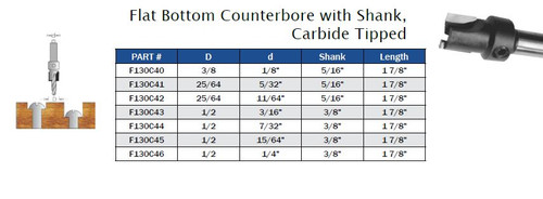 ROUTER BITS FLAT BOTTOM COUNTERBORE SHANK CARBIDE TIPPED,F130C40,F130C41,F130C42,F130C43,F130C44,F130C45,F130C46