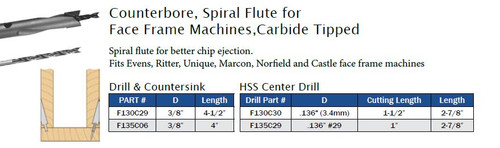 ROUTER BITS COUNTERBORE SPIRAL FLUTE FOR FACE FRAME MACHINES CARBIDE TIPPED,F135C06,F130C30,F135C29