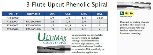 CNC TOOLING CARBIDE THREE FLUTE UPCUT PHENOLIC SPRIL ULTIMAX COATING,R72-10004,R72-10007,R72-10010,R72-10004UM,R72-10007UM,R72-10010UM