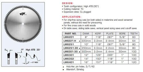 SAW BLADES INDUSTRIAL QUALITY CHIP FREE MELAMINE TRIM,LM6201,LM6221-H,LM6251,LM6251-30,LM6301-30,LM6301,LM6352,LM6401