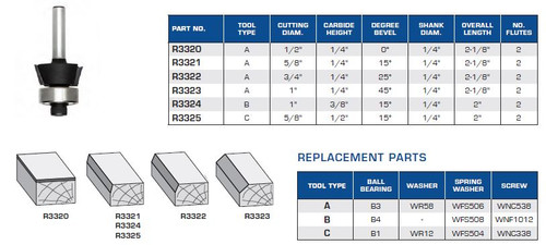 ROUTER BITS INDUSTRIAL QUALITY BEVEL TRIM TWO TEETH BALL BEARING GUIDE R3320 R3321 R3322 R3323 R3324 R3325