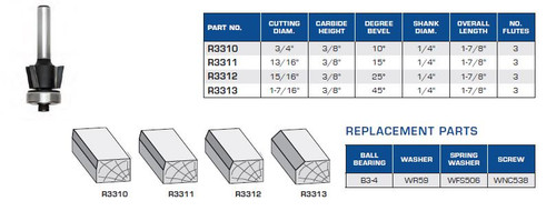 ROUTER BITS INDUSTRIAL QUALITY BEVEL TRIM THREE TEETH BALL BEARING GUIDE R3310 R3311 R3312 R3313