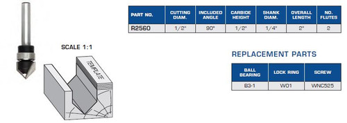 ROUTER BITS INDUSTRIAL QUALITY V GROOVING NINTY DEGREE INCLUDED ANGLE BEARING GUIDE R2560