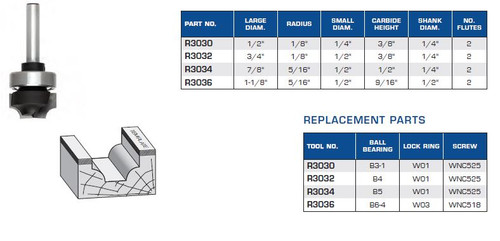 ROUTER BITS INDUSTRIAL QUALITY BEAD PROFILE PLUNGE TYPE UPPER BALL BEARING R3030 R3032 R3034 R3036