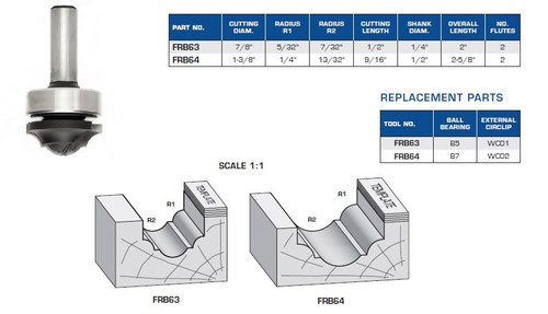 ROUTER BITS INDUSTRIAL QUALITY BEAD PROFILE ROUND NOSE BOTTOM UPPER BALL BEARING GUIDE FRB63 FRB64