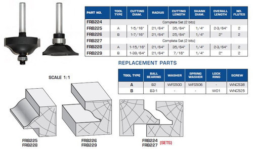 ROUTER BITS INDUSTRIAL QUALITY OGEE STILE RAIL BALL BEARING GUIDE TWO PIECE SET FRB224 FRB225 FRB226 FRB227 FRB228 FRB229