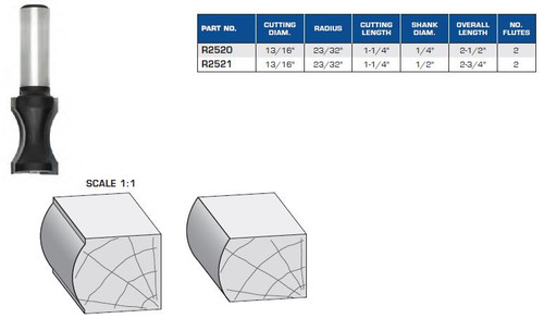 ROUTER BITS INDUSTRIAL QUALITY TRUE BULL NOSE BITS TWO FLUTES R2520 R2521