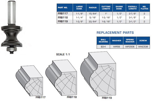 ROUTER BITS INDUSTRIAL QUALITY COVED ASTRAGAL MOULDING BALL BEARING GUIDE FRB117 FRB118 FRB119