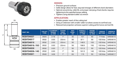 PRECISION CNC TOOLING FS TOOLHOLDER EXTENSIONS STANDARD ER NUT RCEXT04837 RCEXT04817 RCEXT04818 RCEXT04818-150 RCEXT04839 RCEXT04839-140 RCEXT04841
