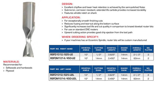 PRECISION CNC TOOLING FS TEN DEGREE SPIRAL DOVETAIL UPCUT ROUTER BITS RSFD1012/625-U2 RSFDM1014/450-U2 RSFD1012/625-U2L RSFDM1014/450-U2L