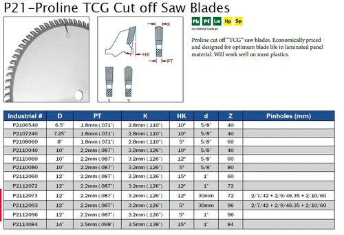PROLINE TCG CUT OFF SAW BLADES,P2106540,P2107240,P2108060,P2110040,P2110060,P2110080,P2112060,P2112072,P2112073,P2112093,P2112096,P2114084