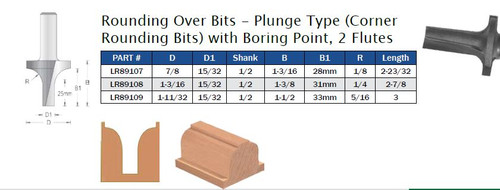Rounding Over Bits - Plunge Type (Corner Rounding Bits) with Boring Point, 2 Flutes