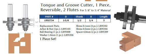 Tongue and Groove Cutter, 1 Piece, Reversible, 2 Flutes, For 5/8 to 3/4" Material
