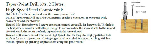 Taper-Point Drill bits, 2 Flutes, High Speed Steel Countersink