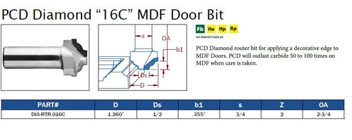 PCD Diamond "16C" MDF Door Bit