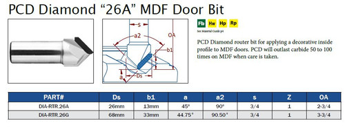 PCD Diamond "26A" MDF Door Bit