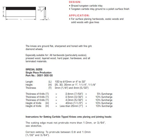 Planing Knives Carbide Tipped