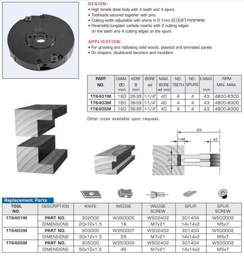TOOLHEADS DISPOSABLE CARBIDE KNIVES RABBETING GROOVING ADJUSTABLE,1T6401M,1T6403M,1T6405M