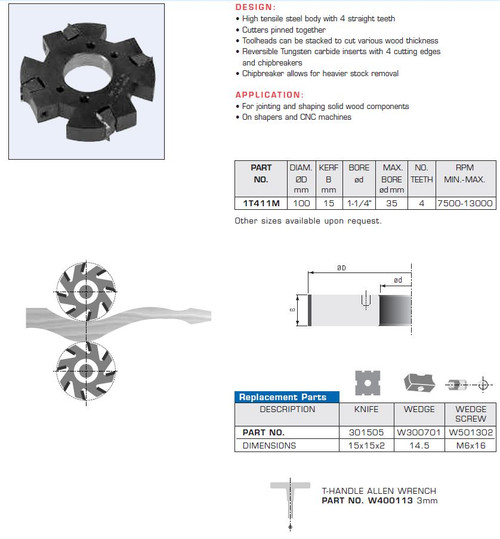 TOOLHEADS DISPOSABLE CARBIDE KNIVES SHAPING PLANING STACKABLE CHIPBREAKERS,1T411M