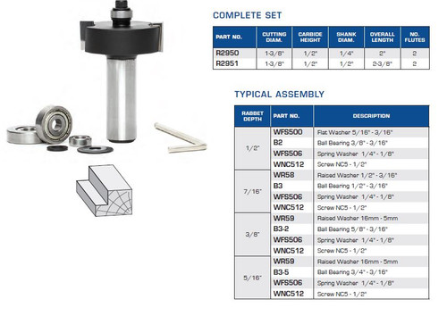ROUTER BITS INDUSTRIAL QUALITY FOUR RABBETING DEPTH ROUTER BIT SETS BALL BEARING GUIDE R2950 R2951
