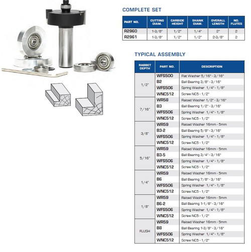 ROUTER BITS INDUSTRIAL QUALITY SEVEN RABBETING DEPTH ROUTER BIT SETS BALL BEARING GUIDES R2960 R2961