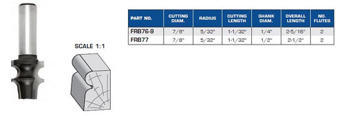 ROUTER BITS INDUSTRIAL QUALITY EDGE BEADING PROFILE TWO FLUTES FRB76-9 FRB77