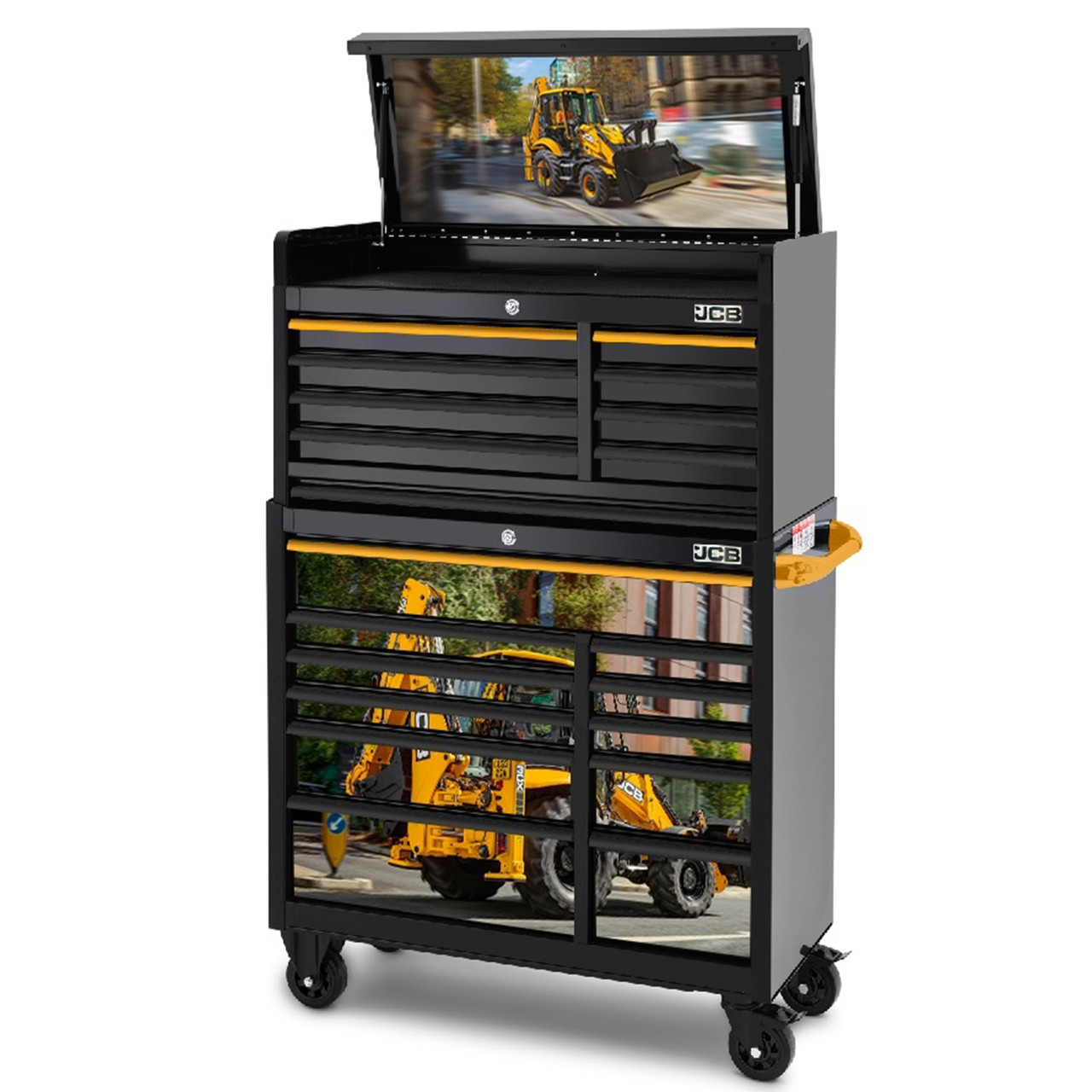 JCB 42’’ Roller Cabinet and Top Tool Chest Stack with Backhoe Loader Wrap | JCBBHLSTACK