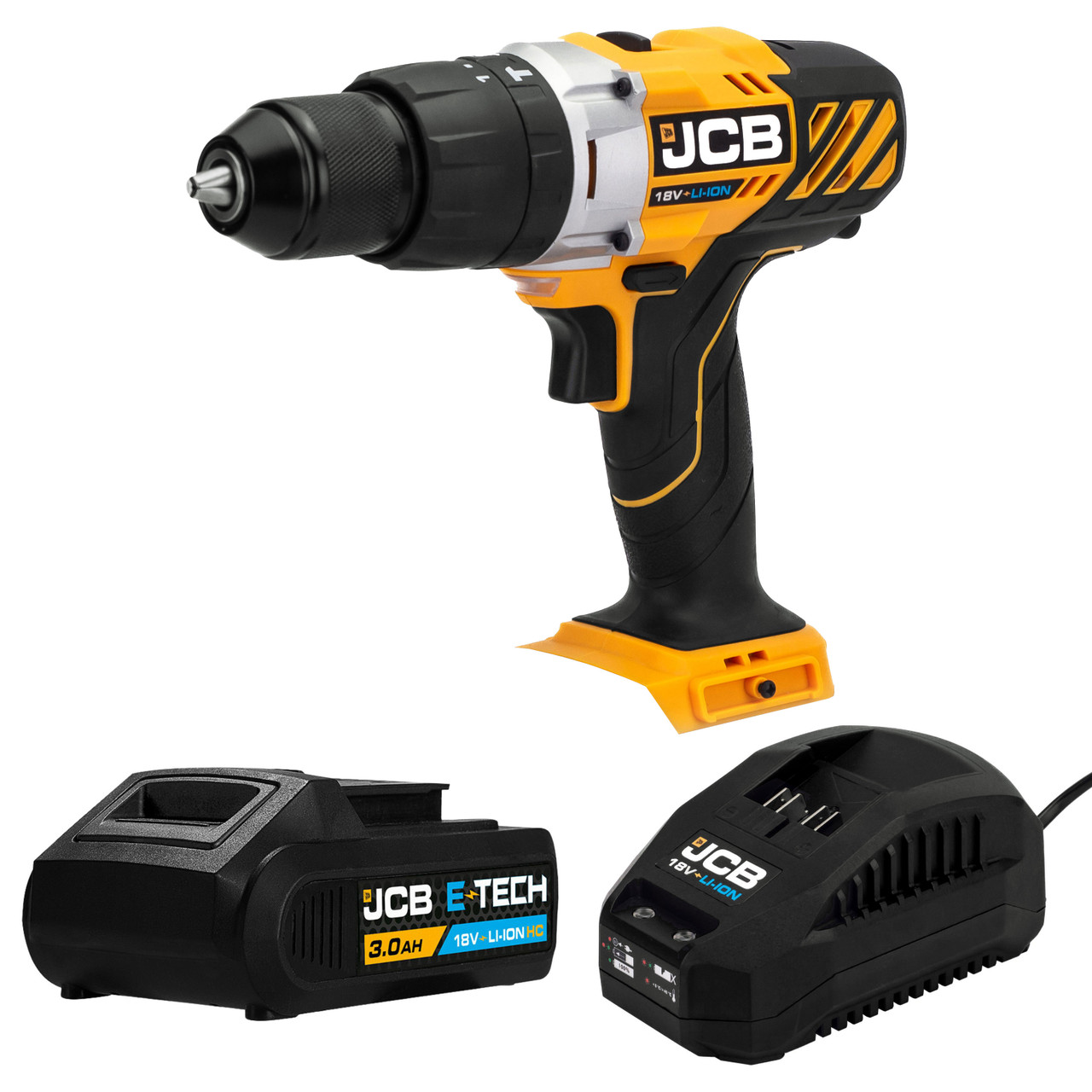 JCB 18V 45Nm Combi Drill, Variable Speed with 3.0Ah Li-ion Battery & 2.4A Fast Charger | JCB-18CD-3CXB