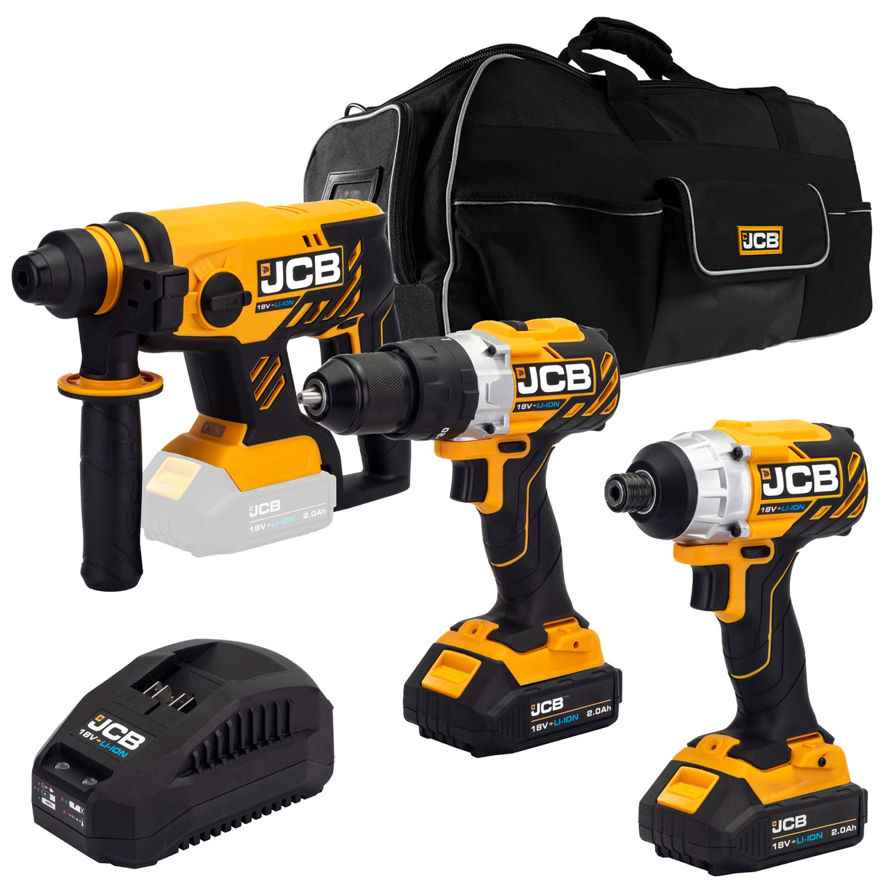 JCB 18V Brushless Combi Drill, Impact Driver & Hammer Drill Kit, 2 x 2Ah  Li-Ion Batteries, Charger and 26'' Kit Bag | 21-18BL3PK-2