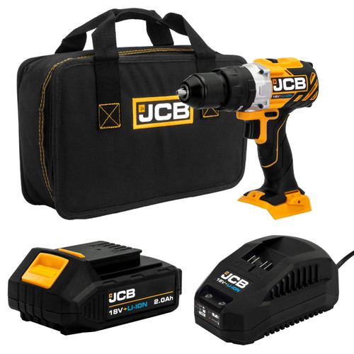 JCB 18V 45Nm, Variable Speed Combi Drill with 2.0Ah Li-ion Battery and 2.4A Charger & Zipped Power Tool Bag