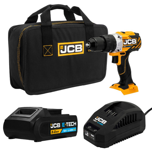 JCB 18V 45Nm, Variable Speed Combi Drill with 3.0Ah Li-ion Battery and 2.4A Charger & Zipped Power Tool Bag