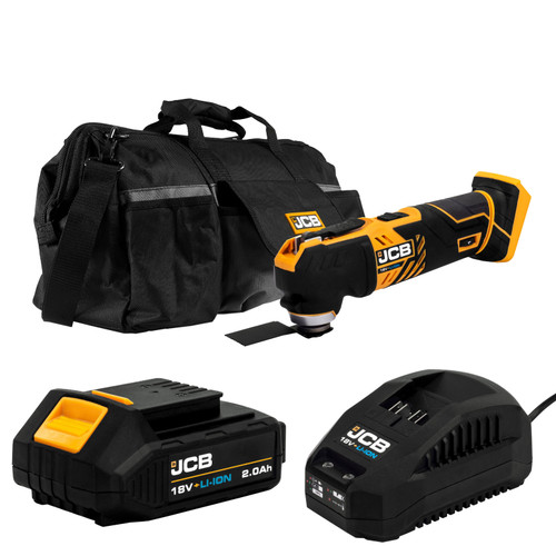 JCB 18V Cordless Multi Tool, 2.0Ah Li-Ion Battery and 2.4A Charger with 50cm Tool Kit Bag