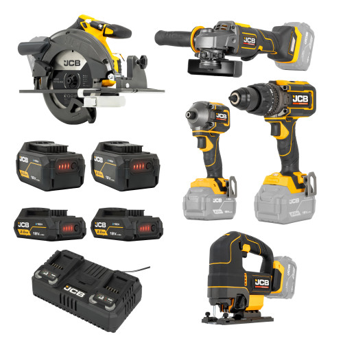 JCB 18V 5-Piece Pro Kit,Combi Drill (160Nm), Impact Driver (230Nm), Circular Saw (185mm), Angle Grinder (115mm), Jigsaw, 2x2Ah & 2x5Ah Batteries, Dual 4.5A Fast Charger & Soft Tool Bag | JCB-18PKIT-8 JCB 18V 5-Piece Pro Kit,Combi Drill (160Nm), Impact Driver (230Nm), Circular Saw (185mm), Angle Grinder (115mm), Jigsaw, 2x2Ah & 2x5Ah Batteries, Dual 4.5A Fast Charger & Soft Tool Bag | JCB-18PKIT-8