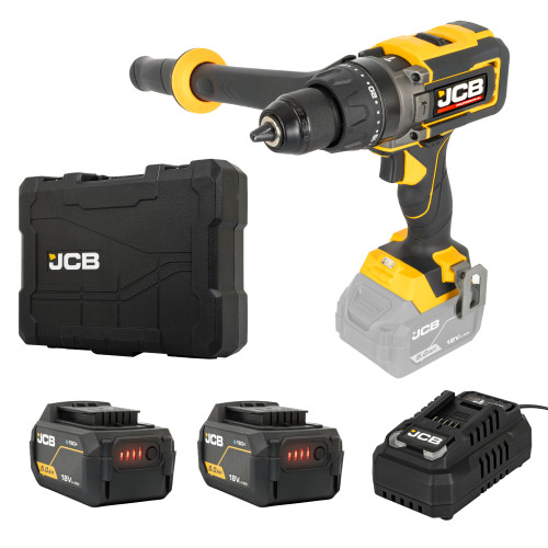 JCB Pro 18V Combi Drill 160Nm, Brushless, Anti-Kickback & Variable Speed, 25+3 Torque, 2x 5.0Ah Lithium-ion Batteries & 4.5A Charger | JCB-18PCD-160-5