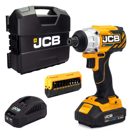 JCB 18V Impact Driver 1x2.0Ah battery with 2.4A fast charger with 13pc impact bit set in W-Boxx 136 | 21-18ID-2X-WB