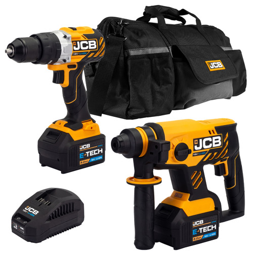 JCB 18V B/L Combi Drill B/L SDS Kit 2x 5.0ah super fast charger in 20" Kit Bag | 21-18BLTPKSDS-5